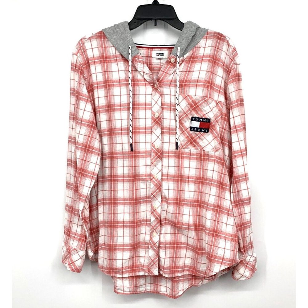 Tommy Hilfiger Shirt Plaid Pink Button Up Hooded Flannel Long Sleeve